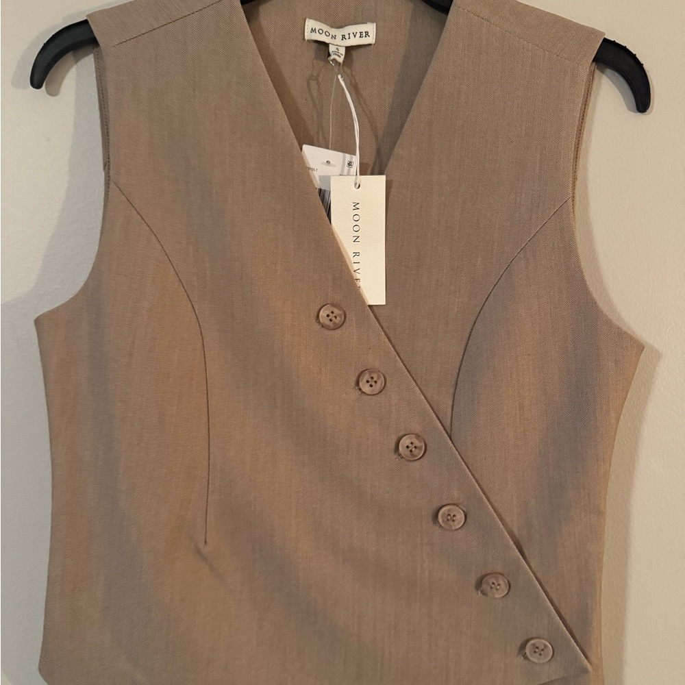 Moon River Beige Asymmetrical Button Vest
